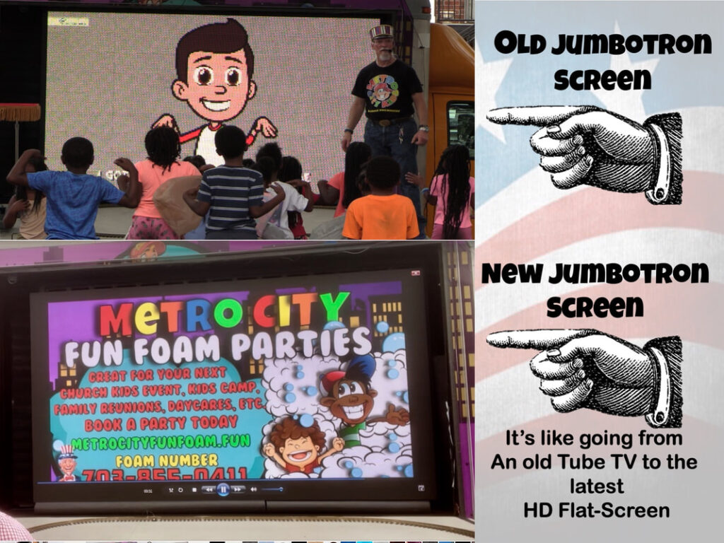 Collage showing Metro City Kids sidewalk kids church with children watching videos on a truck's Jumbotron, plus a graphic comparing the old screen to the new upgraded screen.